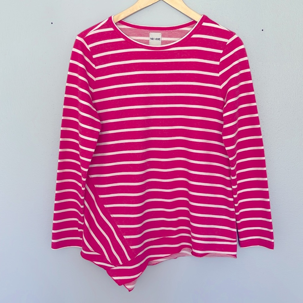 Nic+Zoe Long Sleeve Asymmetric Hem Striped Pink‎ White Size S